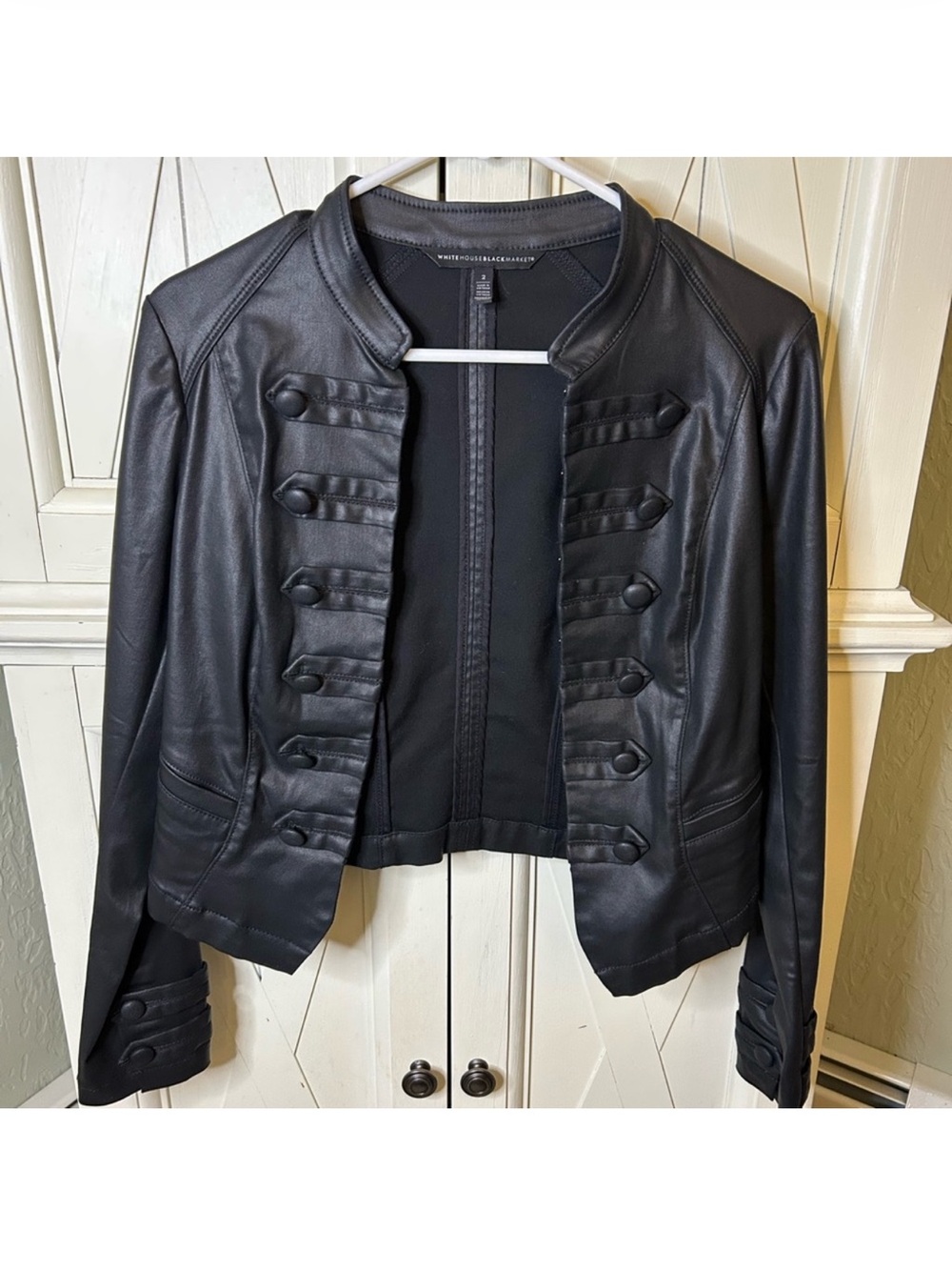 EUC - WHBM Black Military-Style Jacket - coated canvas - leather look